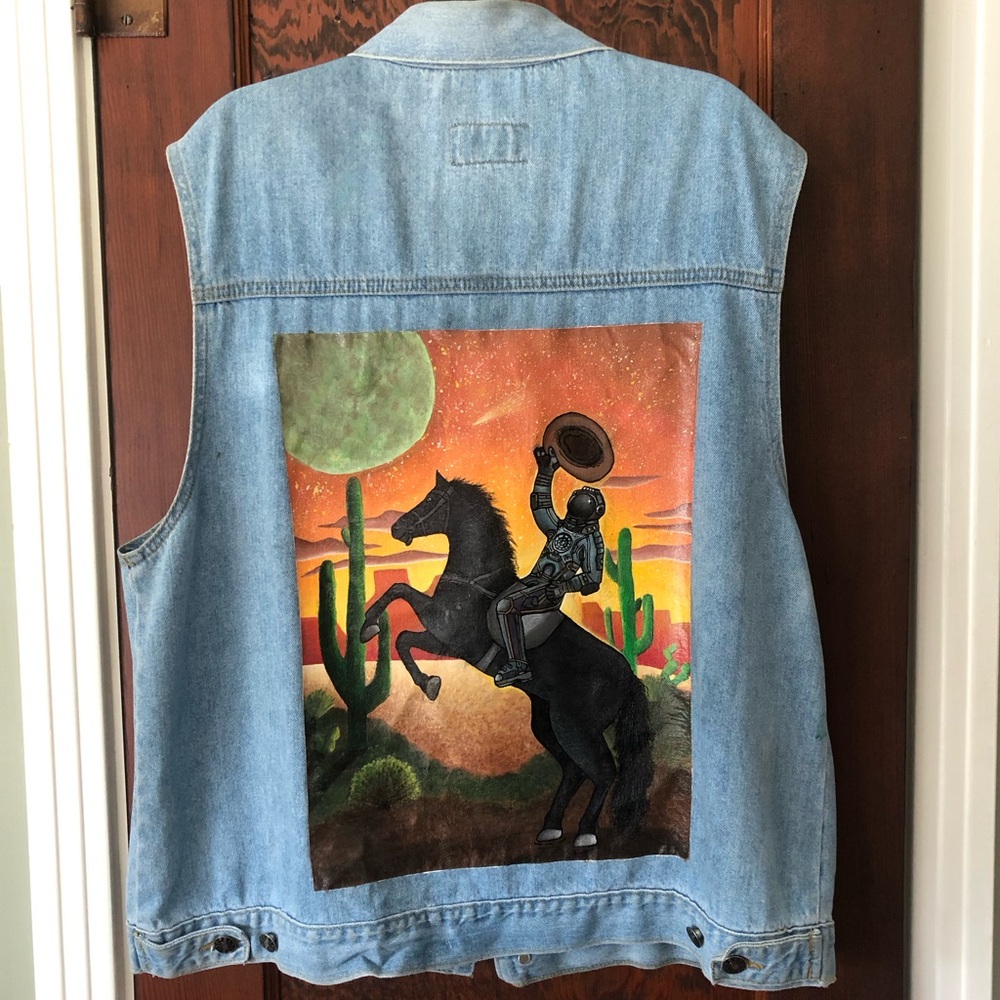 Incredible hand painted Space Cowboy denim vest L